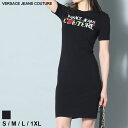 【ラストLサイズ】 ヴェルサーチ VERSACE JEANS COUTURE ベルサーチ ワンピース Tシャツ ドレス レディース ロゴ プリント クルーネック 半袖 黒 クロ ブランド トップス プリント 大きいサイズあり VCL74HAOT15