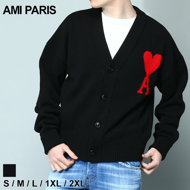 【ラスト1点Mサイズ】 アミパリス AMI PARIS カーディガン ニット セーター カーデ Ami de Coeur ウール トップス 長袖 胸ロゴ Vネック ブランド メンズ 黒 クロ 大きいサイズあり AMBFUKC002018 2024_vt