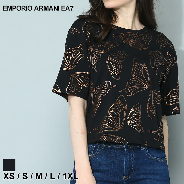 アルマーニ Tシャツ レディース EMPORIO ARMANI EA7 エンポリオ アルマーニ カットソー 半袖 総柄 プリント ショート丈 クルーネック 黒 クロ ブランド トップス シャツ 大きいサイズあり EA7L…