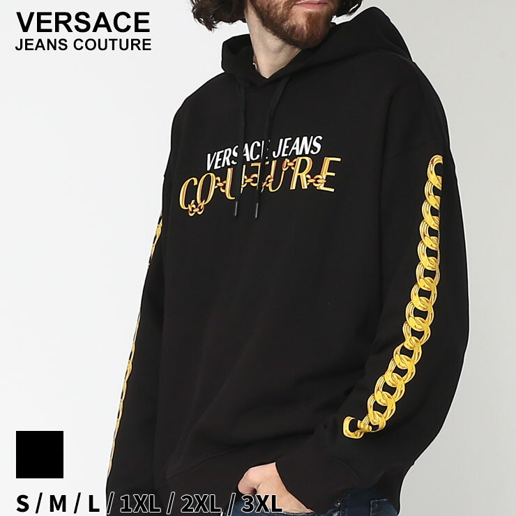 ヴェルサーチェ パーカー VERSACE JEANS COUTURE ベルサーチ メンズ フーディー スウェット 裏起毛 チェーン ロゴ プリント プルオーバー 黒 クロ ブランド トップス 長袖 大きいサイズあり VC75GAIF01CF00F SALE_1_e