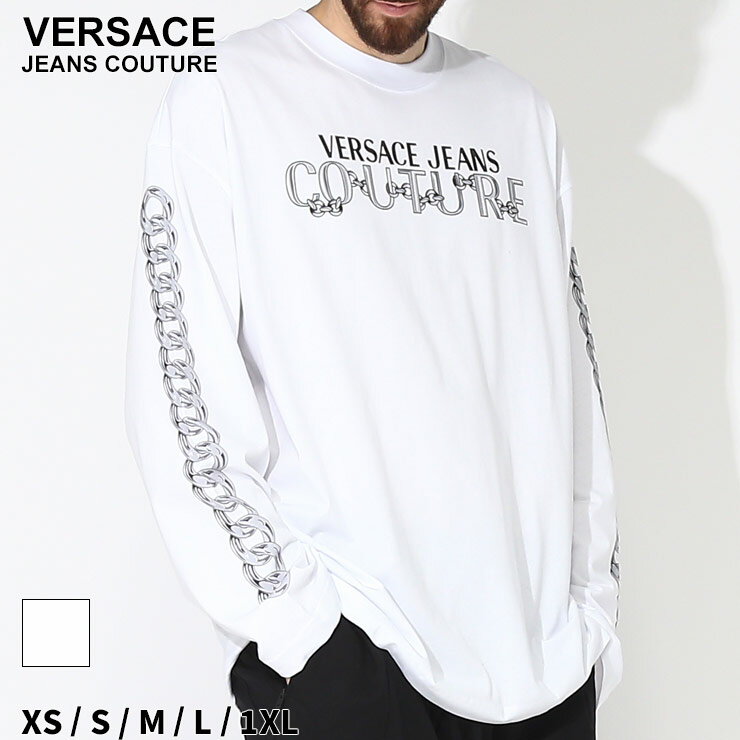 ヴェルサーチェ Tシャツ 長袖 VERSACE JEANS COUTURE ベルサーチ メンズ ロンT チェーン ロゴ プリント クルーネック 白 シロ ブランド トップス コットン 大きいサイズあり VC75GAHF03CJ00F SALE_1_b