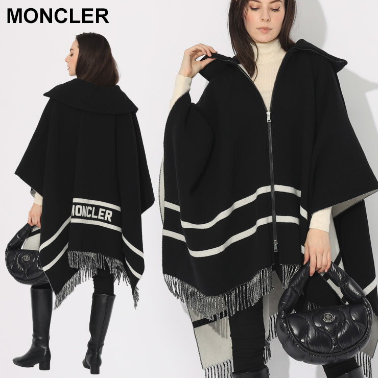 モンクレール モンクレール ケープ MONCLER レディース ポンチョ ロゴ フリンジ 裾ライン ジップ 黒 クロ ブランド アウター ニット ジップ ウール MCL3G000040U226