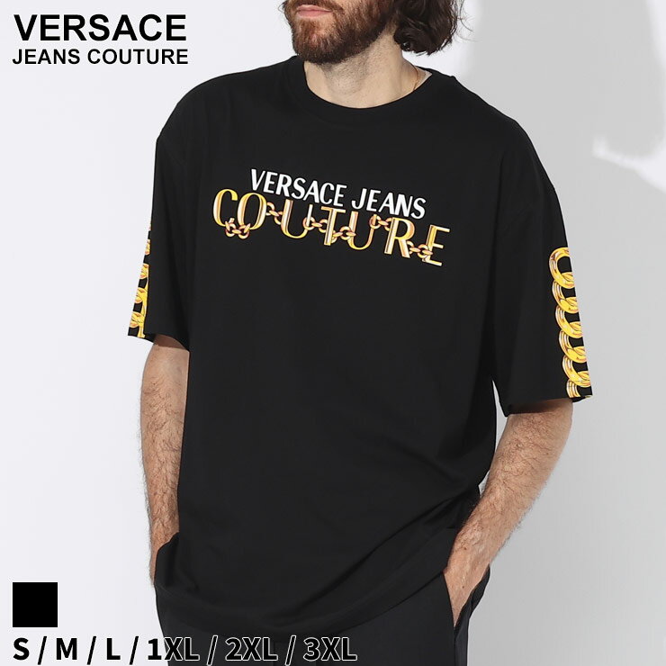 ヴェルサーチェ Tシャツ VERSACE JEANS COUTURE メンズ カットソー 半袖 チェーンロゴ クルーネック ブランド トップス シャツ ルーズフィット ベルサーチ VC75GAHF01CJ00F SALE_1_a