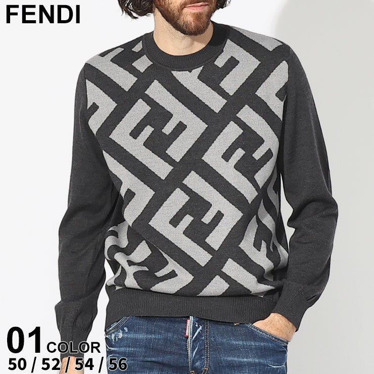 フェンディ ニット FENDI メンズ セーター FF柄 クルーネック ブランド トップス プルオーバー レギュラーフィット ウール 大きいサイズあり FDFZX091APJK