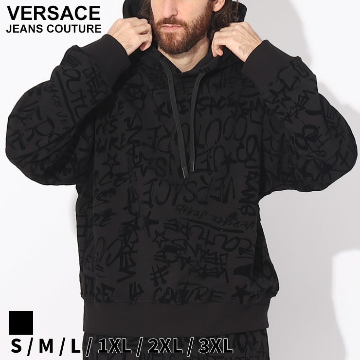 楽天ゼンオンライン楽天市場店ヴェルサーチェ パーカー VERSACE JEANS COUTURE メンズ フーディー プルパーカー 裏起毛 黒 クロ ブランド グラフィティフロック ロゴ 長袖 セットアップ対応 秋冬 大きいサイズあり ベルサーチ VC75GAI3C0FS095 SALE_1_e