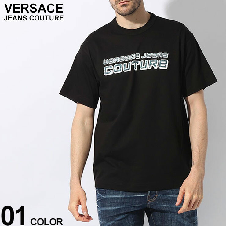 ヴェルサーチェ Tシャツ VERSACE JEANS COUTURE メンズ カットソー 半袖 ラインストーン ロゴ 黒 クロ ブランド トップス シャツ レギュラーフィット 大きいサイズあり VC76GAHC03 SALE_1_a