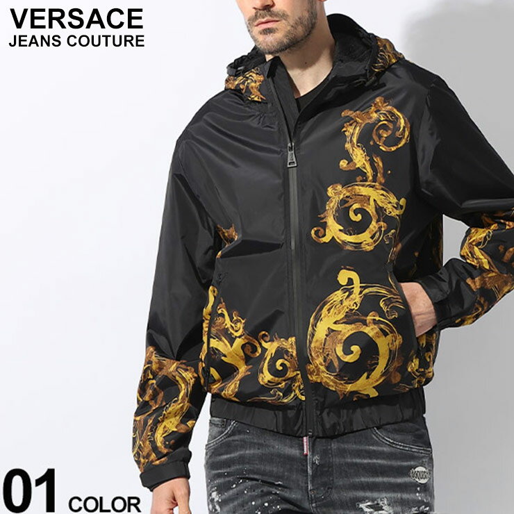 ヴェルサーチェ アウター VERSACE JEANS COUTURE メンズ ナイロンジャケット ウィンドブレーカー 裏メッシュ ウォーターカラー バックロゴ ジャケット クロ 黒 ブランド ブルゾン 大きいサイズあり VC76GAS406 SALE_2_a