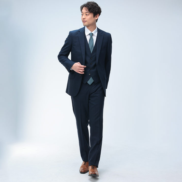 スーツ メンズ ビジネス 紳士 ウール混 シングル ノータック スリーピース ベスト付き FICCE フィッチェ