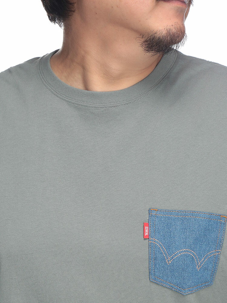 EDWIN (エドウィン) デニムポケット クルーネック 半袖 Tシャツ DARKGRAY ET614191593L5L 大きいサイズ メンズ トップス Tシャツ コットンT ポケT オーバーサイズ