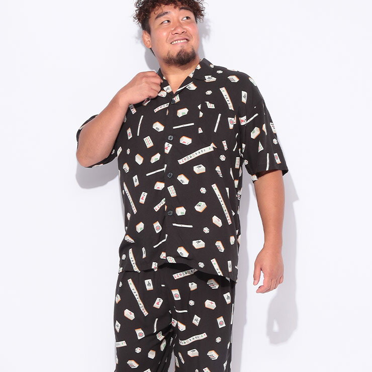 SAKAZEN (サカゼン) 接触冷感 麻雀柄 半袖 パジャマ BT115381H 大きいサイズ メンズ 部屋着 パジャマ 上下セット 七分丈 涼しい 春 夏