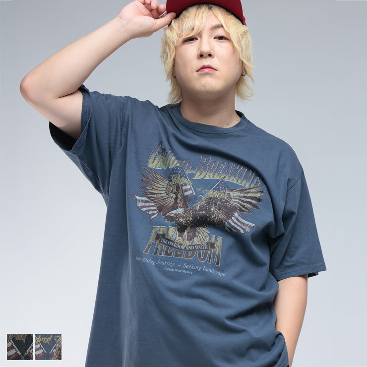 乐天商城 - B＆T CLUB (ビーアンドティークラブ) ピグメント加工 イーグルプリント クルーネック 半袖 Tシャツ BTTS2591 大きいサイズ メンズ トップス Tシャツ 半袖 TEE プリントT