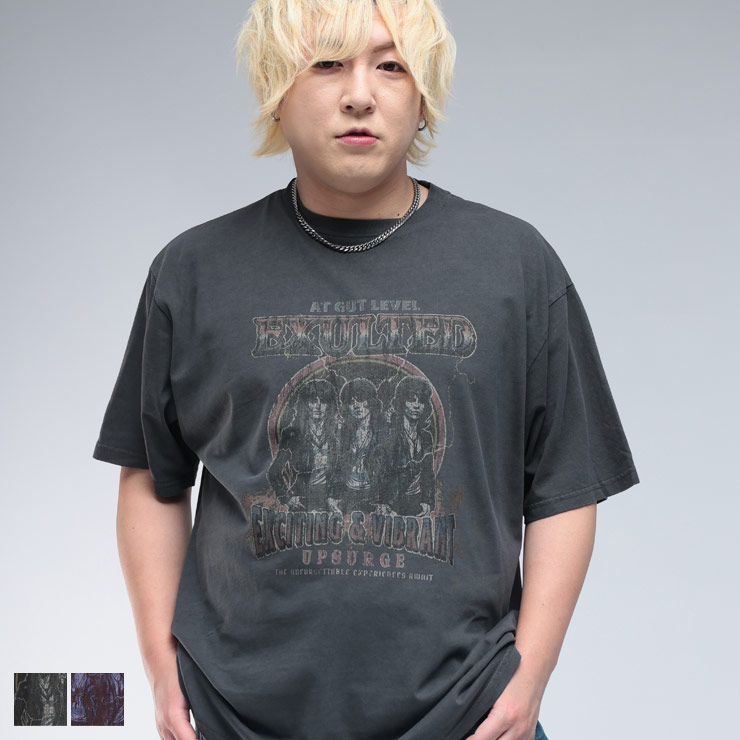 乐天商城 - B＆T CLUB (ビーアンドティークラブ) ピグメント加工 ロックプリント クルーネック 半袖 Tシャツ BTTS2595 大きいサイズ メンズ トップス Tシャツ 半袖 TEE プリントT