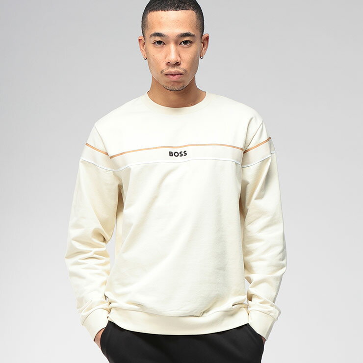 ヒューゴボス スウェット メンズ HUGO BOSS ロゴ 無地 シグネチャー ストライプ クルーネック トレーナー プルオーバー HBU50545589 ブランド トップス アイボリー