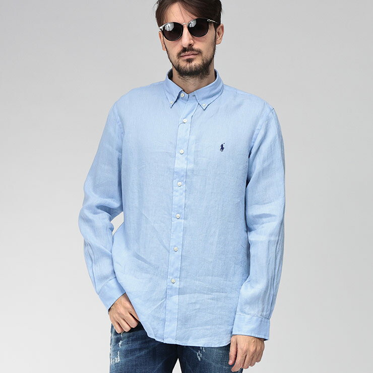 ポロラルフローレン シャツ メンズ POLO RALPH LAUREN ワンポイント アイコン 麻100％ ボタンダウン 長袖 リネン カジュアル シャツ RL710966294 ブランド トップス サックス