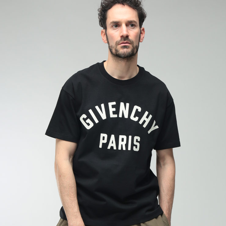 ジバンシィ メンズ Tシャツ 半袖 GIVENCHY ロゴ 刺繍 エンブロイダリー クルーネック コットン カットソー GVBM71NK3YRS ブランド トップス ブラック sale_1_a