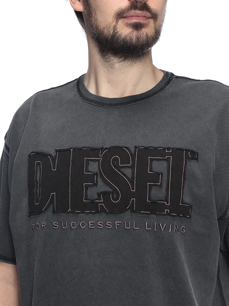 ディーゼル メンズ Tシャツ 半袖 DIESEL ロゴ アップリケ クルーネック コットン カットソー DSA210410KMAH ブランド トップス ダークグレー sale_1_a