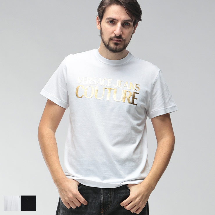 乐天商城 - ヴェルサーチェ ジーンズ クチュール メンズ Tシャツ 半袖 VERSACE JEANS COUTURE ゴールドロゴ プリント クルーネック カットソー VC80GAHT00 ブランド トップス ホワイト ブラック sale_1_a