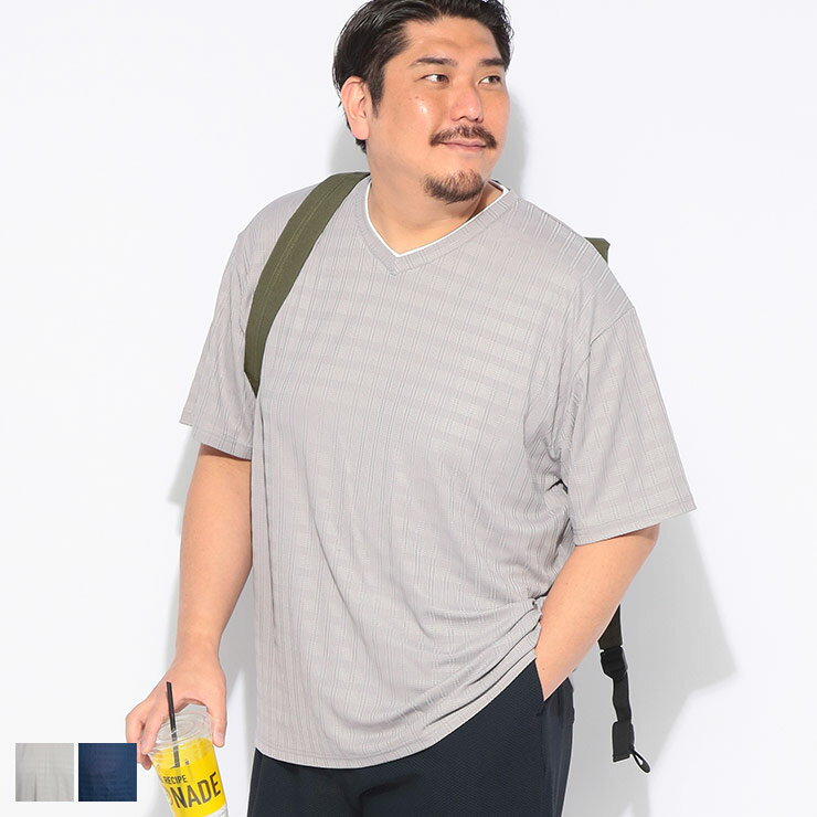 乐天商城 - B＆T CLUB (ビーアンドティークラブ) Tシャツ 半袖 メンズ 大きいサイズ チェックジャガード カットソー 1001299 トップス Vネック 総柄 春 夏