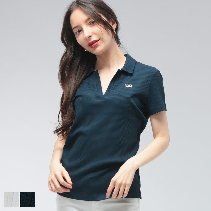 エンポリオアルマーニ EMPORIO ARMANI レディース ポロシャツ 半袖 スキッパー EA7 プレート ロゴ リブ スキッパー 半袖 ポロ EA7LW490AF12654 ブランド トップス カットソー スポーツ 春 夏