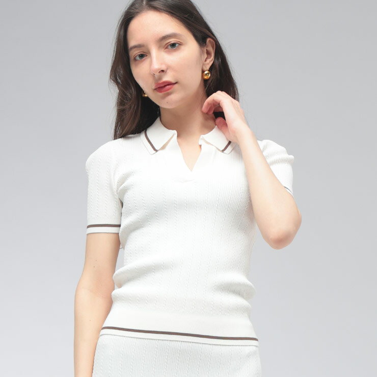 アルマーニ エクスチェンジ ARMANI EXCHANGE レディース ニットポロシャツ 半袖 ラインアクセント Vネック ショート丈 タイト ニットポロ AELXW1897AF1352 ブランド トップス ニットソー カットソー 春 夏