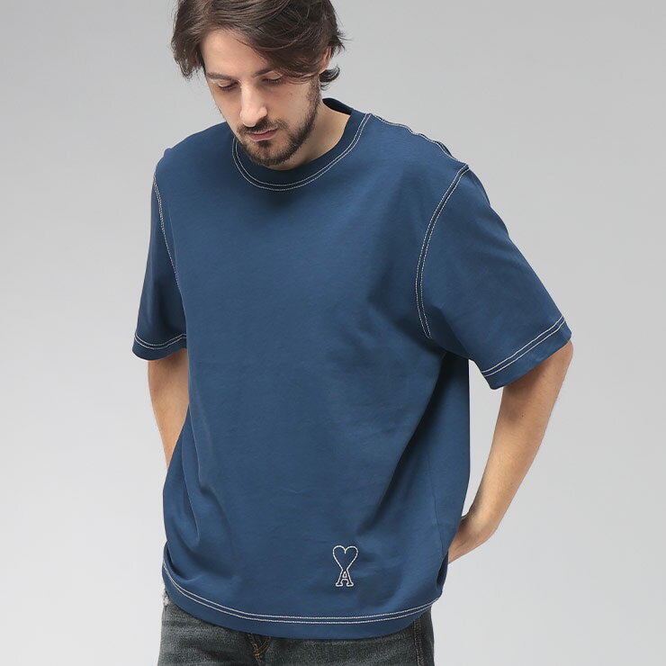 樂天商城 - アミパリス AMI PARIS メンズ Tシャツ 半袖 コントラストカラー ワンポイント クルーネック カットソー AMHTS394726 ブランド トップス コットン ロゴ 春 夏