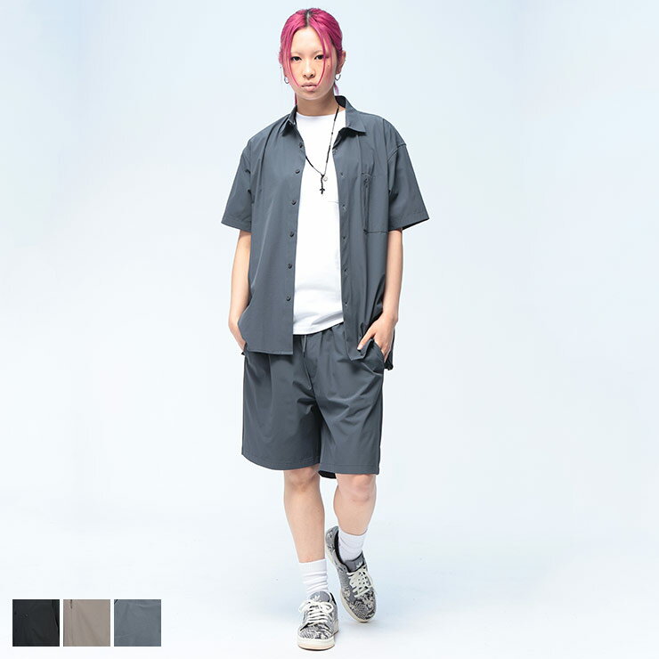乐天商城 - S＆SONS (エスアンドサンズ) 半袖シャツ ショートパンツ セットアップ ユニセックス ドライ ストレッチナイロン シャツ ショート 上下セット