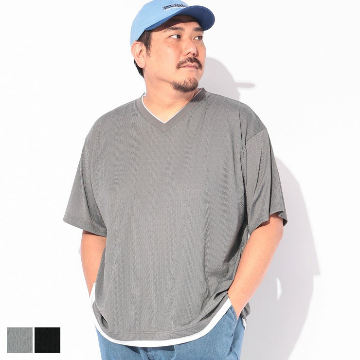 樂天商城 - B＆T CLUB (ビーアンドティークラブ) Tシャツ 半袖 6647858Xメンズ 大きいサイズ COOL＆SPAN ジャガード フェイクレイヤード Vネック カットソー トップス ストレッチ シンプル 春 夏