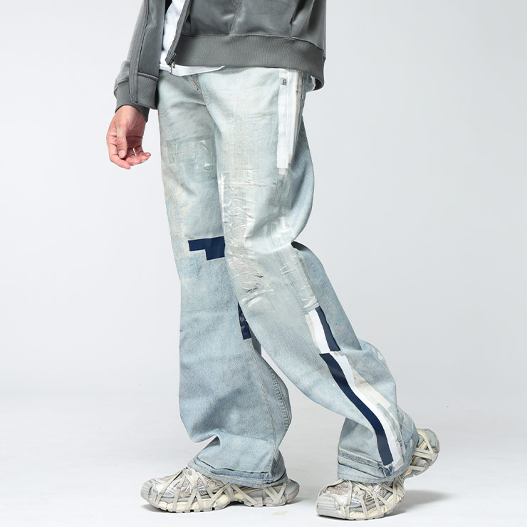 アクネストゥディオズ Acne Studios メンズ デニムパンツ トロンプルイユ メタリック テープディテール コットンキャンバス 5ポケット ボタンフライ ジーンズ ACBK0783 ACBK0783 ブランド ボトムス デニムパンツ ジーパン カジュアル プリント 秋 冬