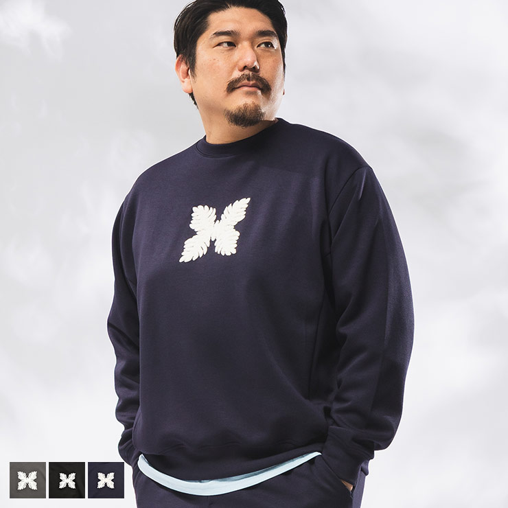 SALVAGE PUBLIC Kolepa (サルベージ パブリック コレパ) トレーナー 長袖 メンズ 大きいサイズ フロントロゴ 刺繍 袖プリント バックパッチ ダブルニット スウェット SPSA170 トップス ゴルフ スポーツ ダンボールニット プルオーバー ワッペン 3L-6L 秋 冬