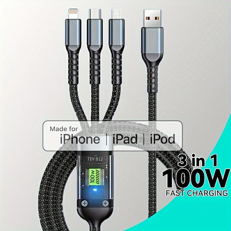 MFi 認証済み 100W ナイロン編組 3 in 1 充電ケーブル iPhone 14 13 12 11 Pro Max...