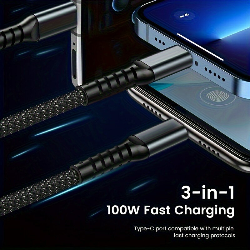 MFi 認証済み 100W ナイロン編組 3 in 1 充電ケーブル iPhone 14 13 12 11 Pro Max 用 高速充電コード Type-C、Micro USB 付き iPhone 15/15Plus/15Pro/15 Pro Max 用 USB-C ケーブル Samsung Galaxy S24 23 Ultra S22 S21 S20+ 用 Honor/Realme/Xiaomi 用