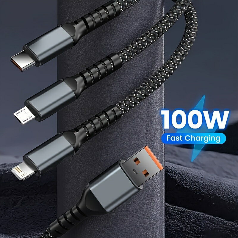 MFi 認証済み 100W ナイロン編組 3 in 1 充電ケーブル iPhone 14 13 12 11 Pro Max 用 高速充電コード Type-C、Micro USB 付き iPhone 15/15Plus/15Pro/15 Pro Max 用 USB-C ケーブル Samsung Galaxy S24 23 Ultra S22 S21 S20+ 用 Honor/Realme/Xiaomi 用