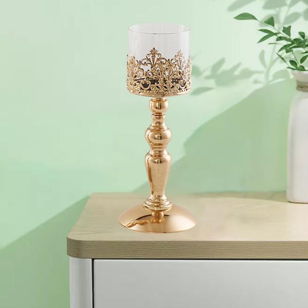 エレガントなゴールドキャンドルホルダーピラー燭台スタンドセレモニーデコレーション13x32cm