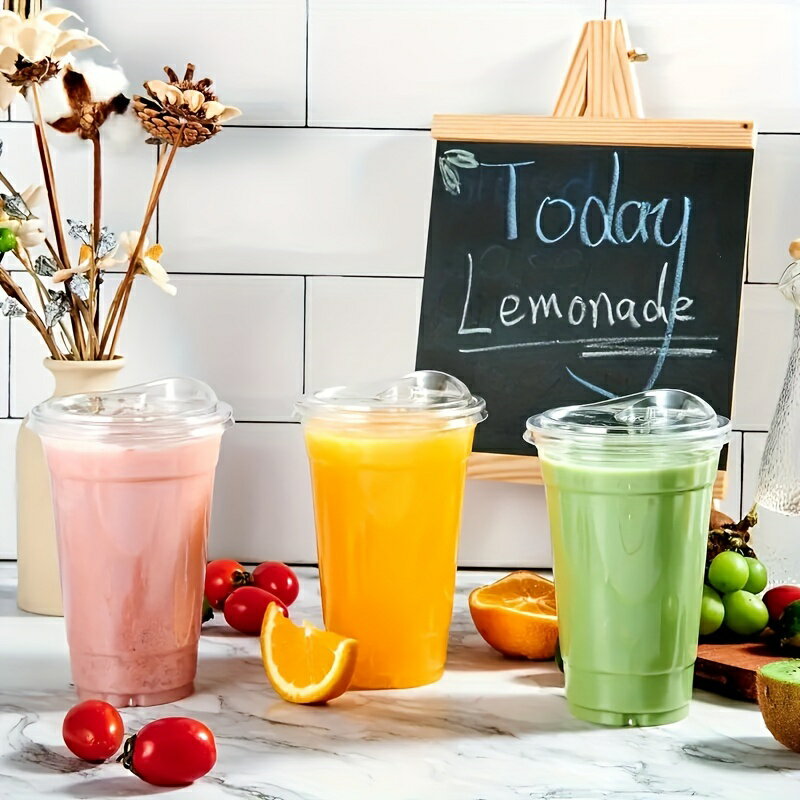 50個セットの透明ポリスチレンカップ、20オンス、ストローレスシップリッド付き、BPAフリー、アイスコーヒー、スムージー、スラッシュ、冷たい飲み物に最適 - 耐久性のある使い捨て飲料容器