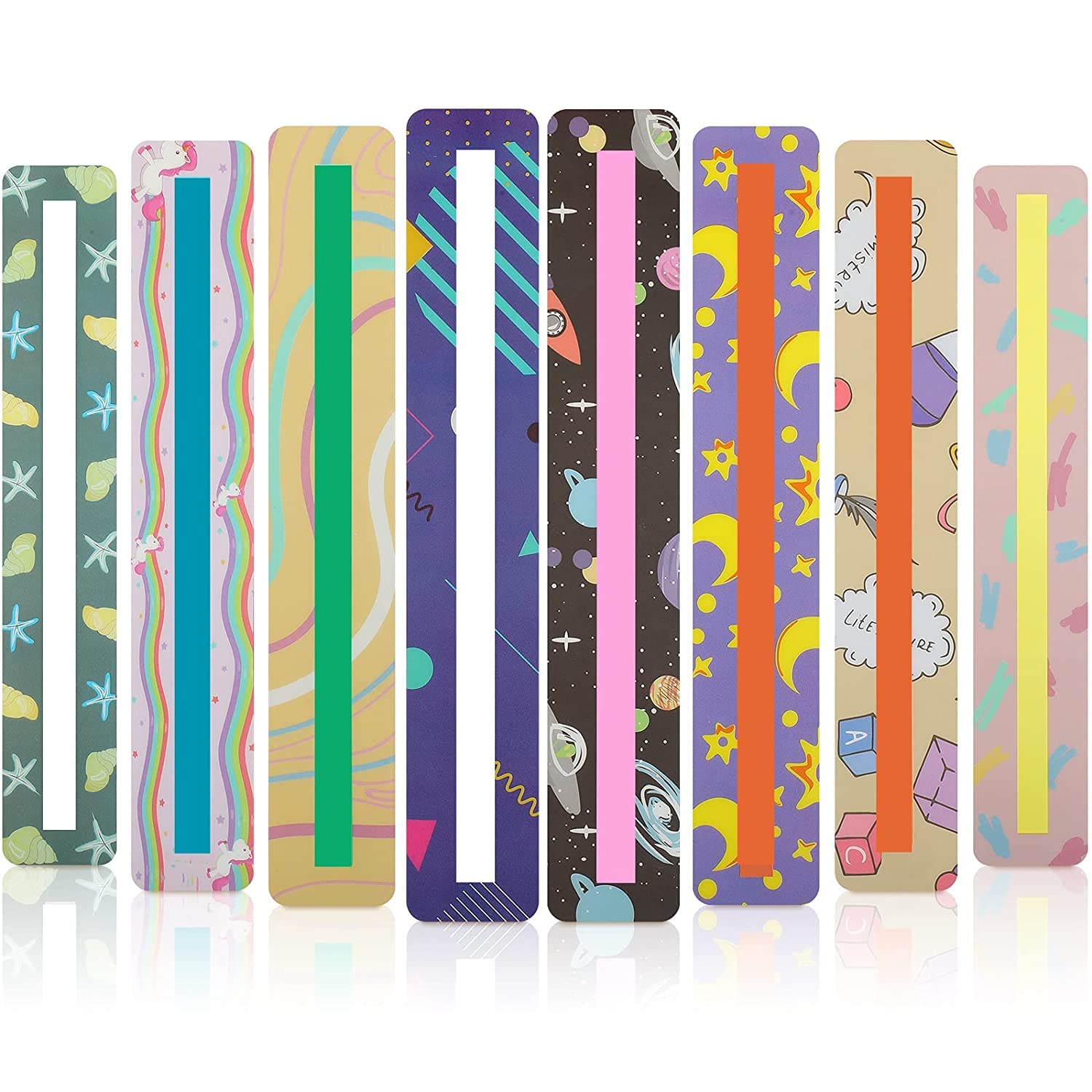 失読症を克服する、子供用、16個、ガイド付き、リーディングストリップ、センテンスストリップ、色付き、蛍光ペンブックマーク（かわいいスタイル）