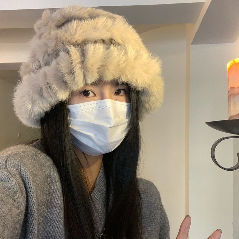 ウサギ毛ニット帽秋冬モコモコモコモコ帽子厚手版小顔漁師帽保温毛糸帽子