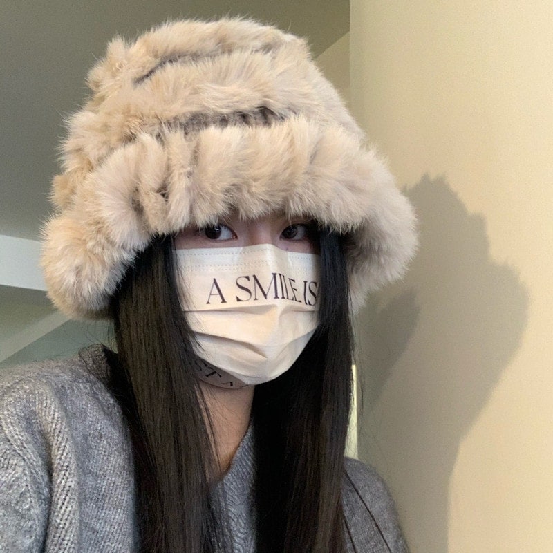 ウサギ毛ニット帽秋冬モコモコモコモコ帽子厚手版小顔漁師帽保温毛糸帽子