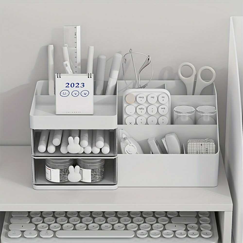 1pc プラスチック製デスクトップ辞書収納ボックス、2つの透明な引き出しとかわいいウサギの形をしたハ..