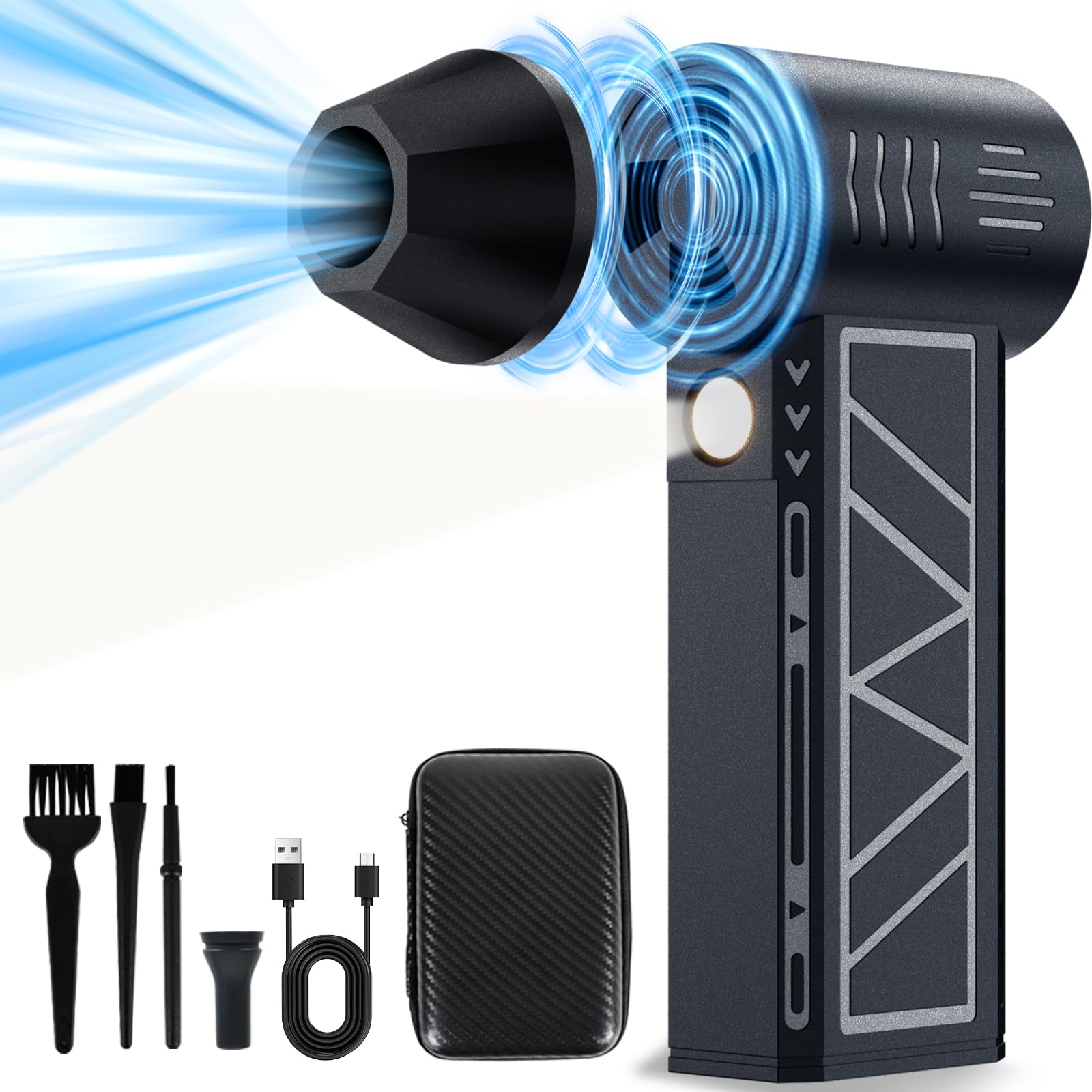 エアダスター 電動 ブロワー 洗車 ミニ 4段階風量調整 130000RPM 超強力 高輝度LEDライト 5000mAh大容量バッテリー Type-C充電式 電動エアダスター 専用収納ケース付き 3種類ブラシ付き 250g 小型 コンパクト 日本語取扱説明書 PC掃除/キーボード/車内/エアコン/洗車用等