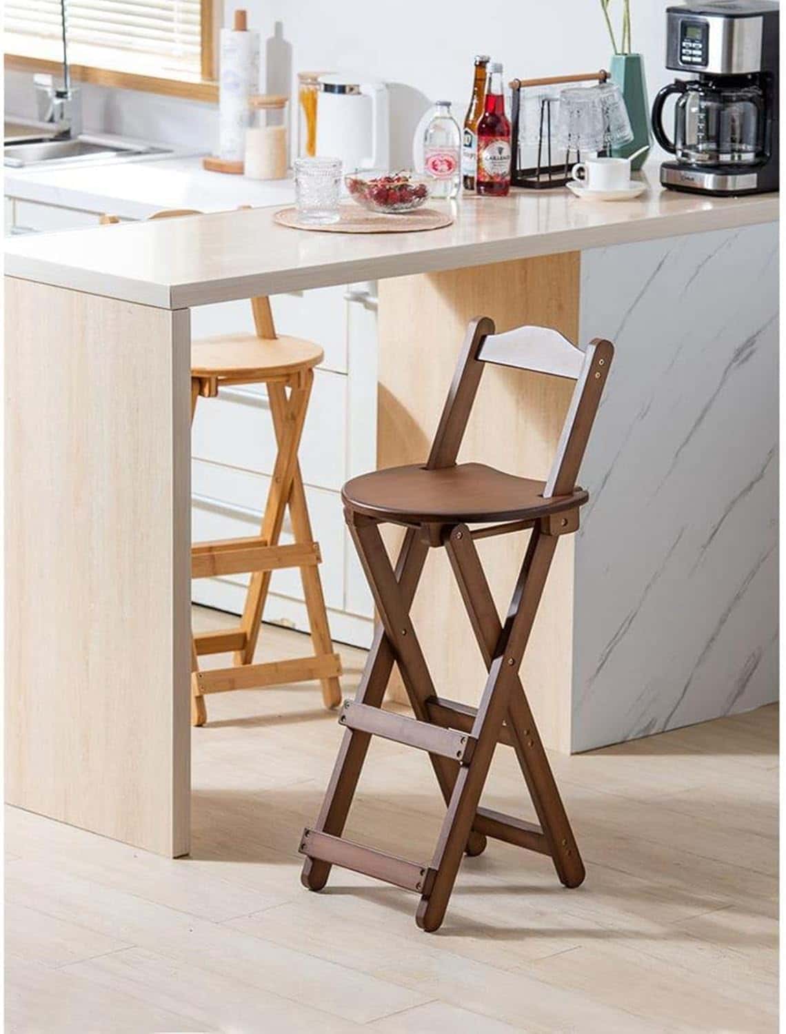 折りたたみスツール 木製 背付き ダイニングチェア 高い椅子 ハイチェア カウンターチェア バーチェア ガーデン パーティ カフェ 居酒屋 茶色 26*40.5*92CM 座高さ61.5cm 27*2