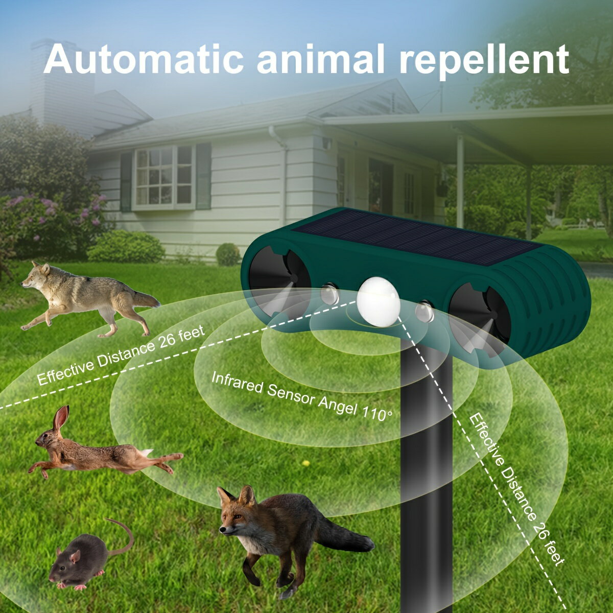 動き検知機能付きソーラーパワー超音波動物撃退器 - 猫、犬、アライグマ、リス＆スカンク用屋外害虫駆除 - 充電式リチウム電池.