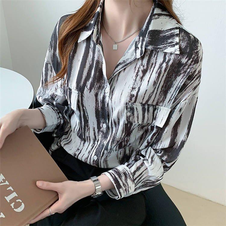 ブラウス レディース オシャレブラウス シフォンシャツ 長袖 プリントシャツ