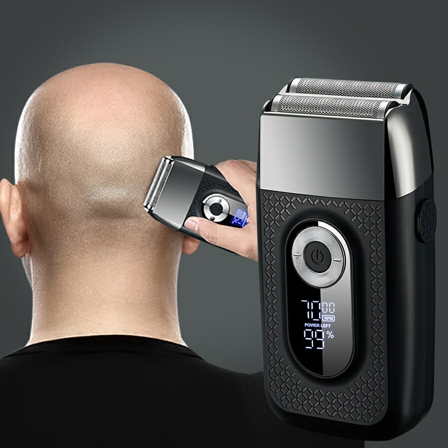 男性用の2in1シェーバーで、濡れたり乾いたりが可能なLEDディスプレイ付きの電動フォイルシェーバー。再充電可能な2つのヘッドと3段階の調整可能なスピードで、髭を剃ることができます。