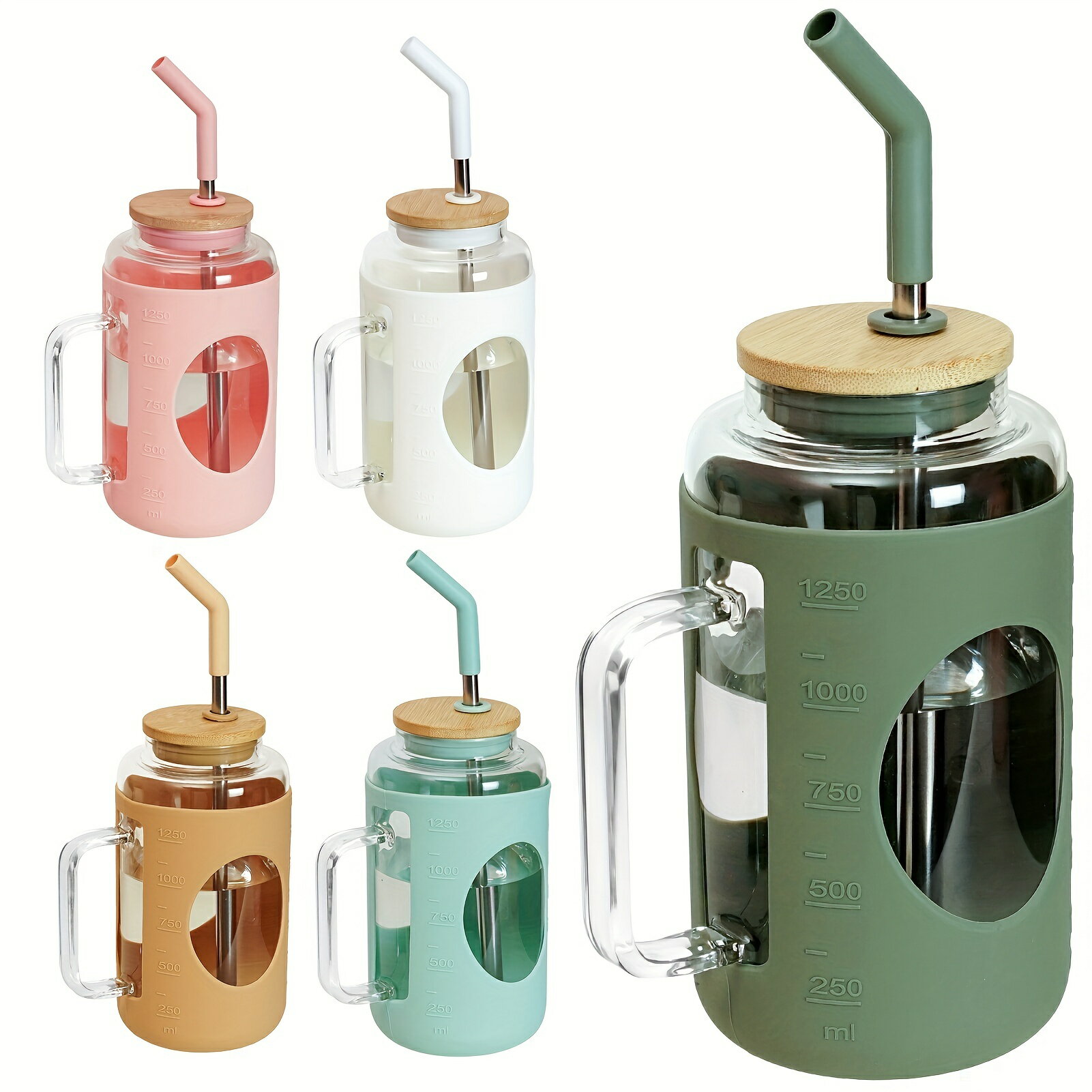 1pc、50ozタンブラー、ガラス製アイスコーヒーカップ、シンプルなモダンなミルクウォータードリンクボトル、ハンドル付きの蓋とストロー、シリコンスリーブ付きの水カップ、旅行、車、パーティー、ビーチ、屋外、家庭用