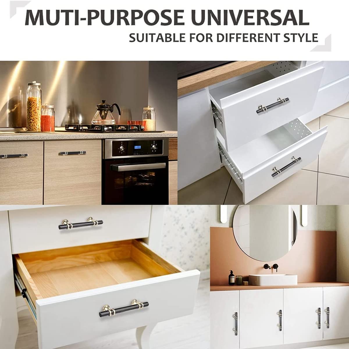 キャビネットハンドル 6パック 96Mm 穴の中心マットブラックユーロ Tバー ゴールドベースの引き出しの取っ手 キッチンドア用キャビネットハードウェア