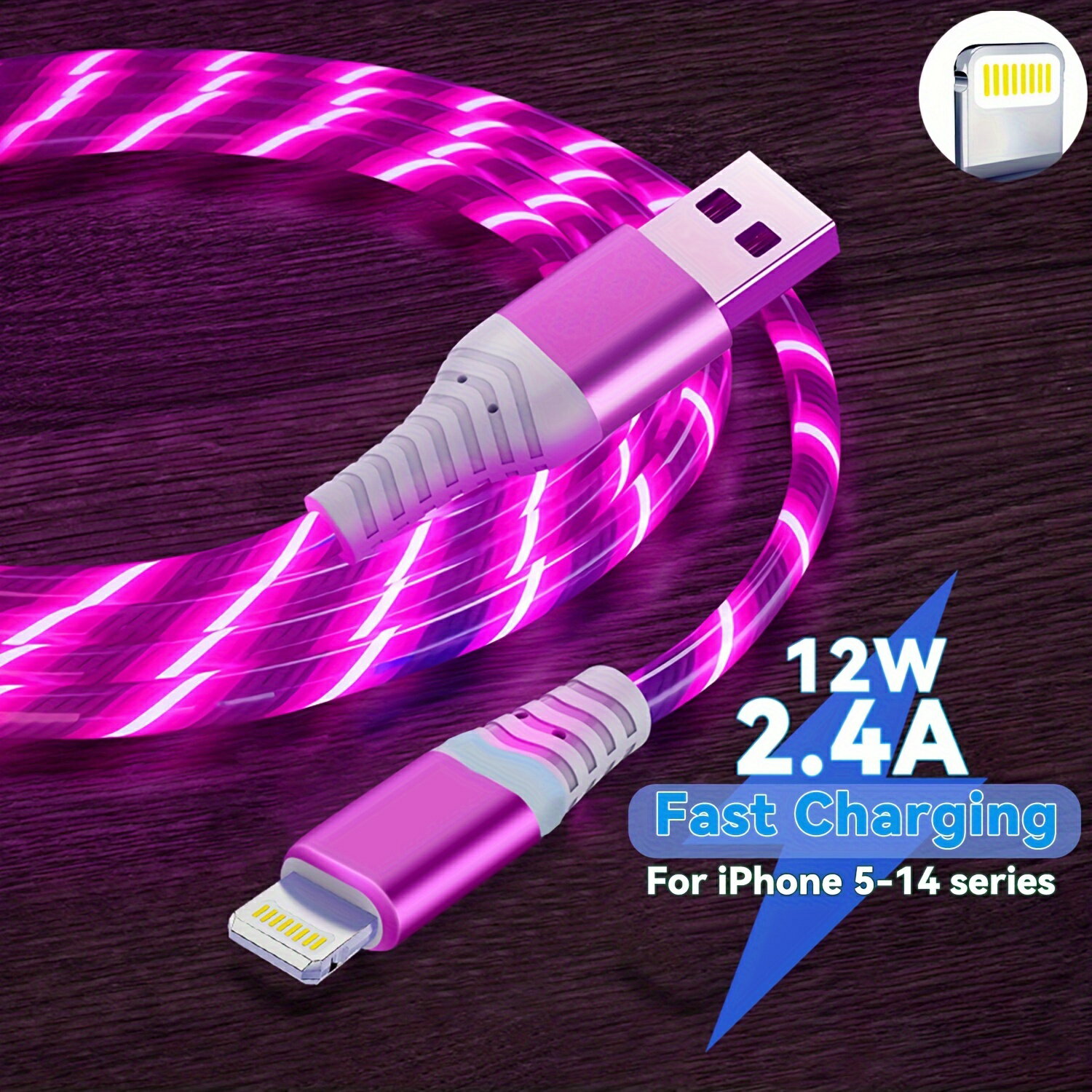 12W高速充電USB-AからLightningケーブル LEDインジケーター付き - 高速、耐久性ポリエステルファイバー、iPhone 14/13/12シリーズ、iPad、iPod、Airpodsなど対応.
