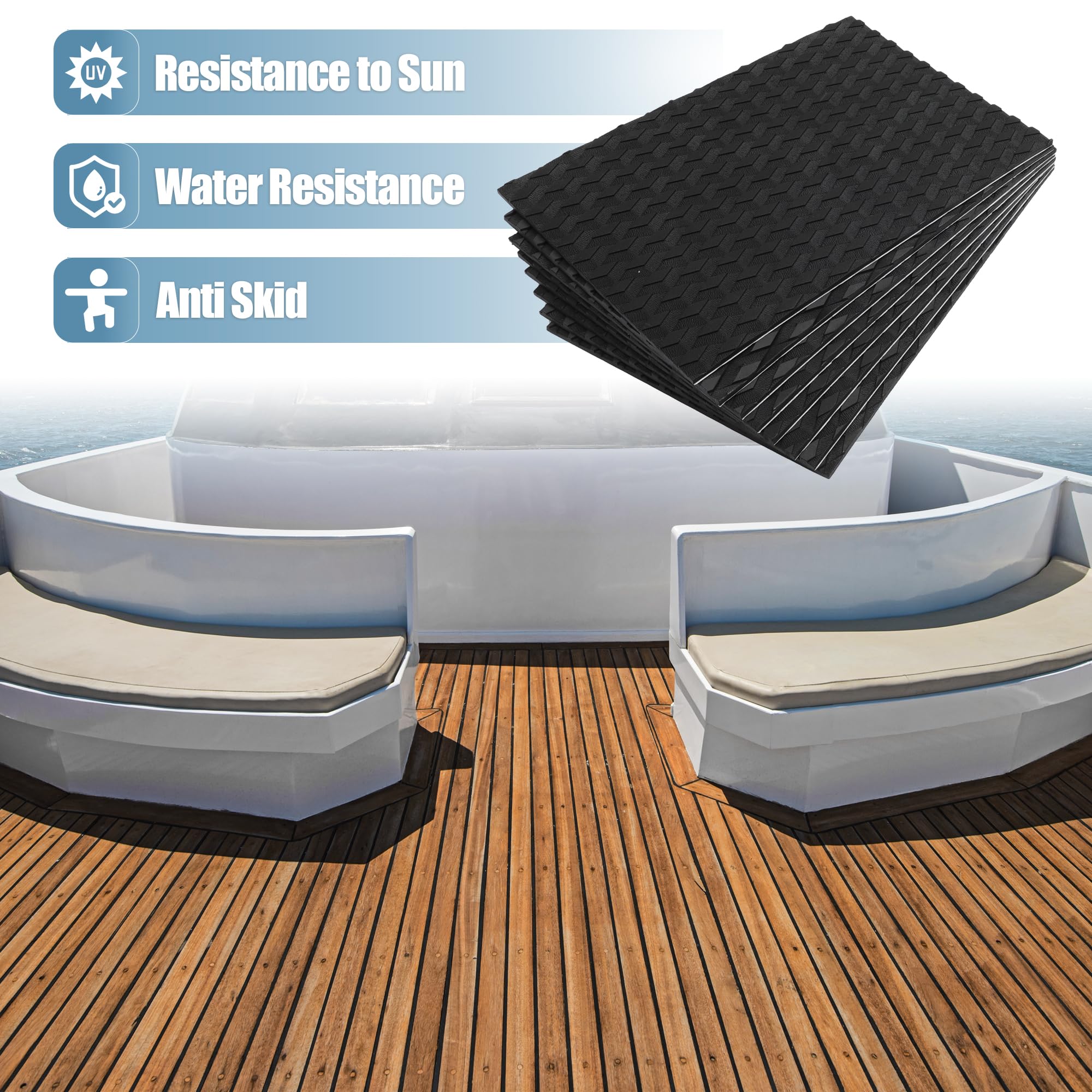 Tデッキシートマット EVAフェイクチーク 滑り止め 自己接着 ボート ヨット マリンデッキパッド用 RV 車 トランク 床 カーペット 380x250mm ブラック 8個