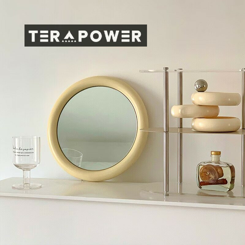 クリームイエローのラウンドミラー壁掛けレトロミラーラウンドハンギングミラー