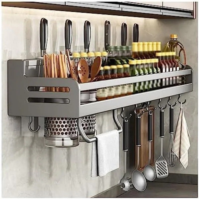 キッチン 壁掛け式調味料ラック 収納棚 可動フック付き 工具棚 清掃しやすく 省スペース キッチンに適..