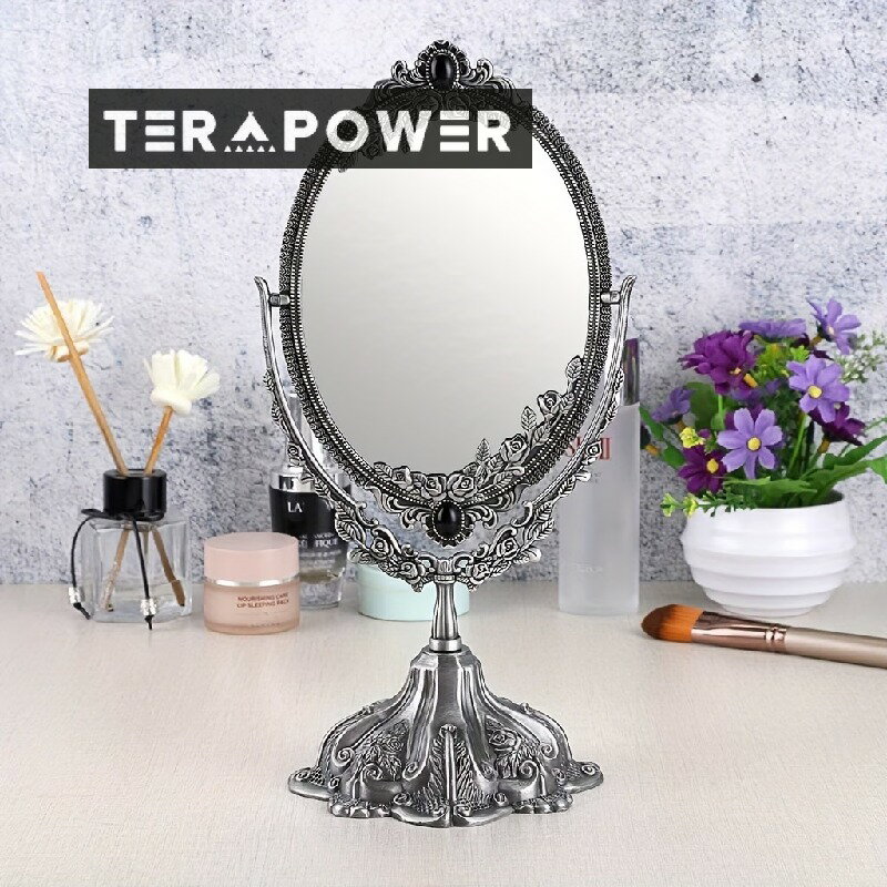 金属製卓上アンティーク装飾化粧鏡スタンド付きヴィンテージ回転式両面化粧鏡フレーム付きデスクトップ..
